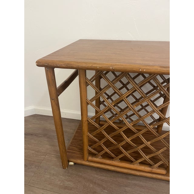 McGuire Style Vintage 1970s Hollywood Regency-Style Faux Bamboo and Rattan Rolling Bar Cart For Sale - Image 10 of 12
