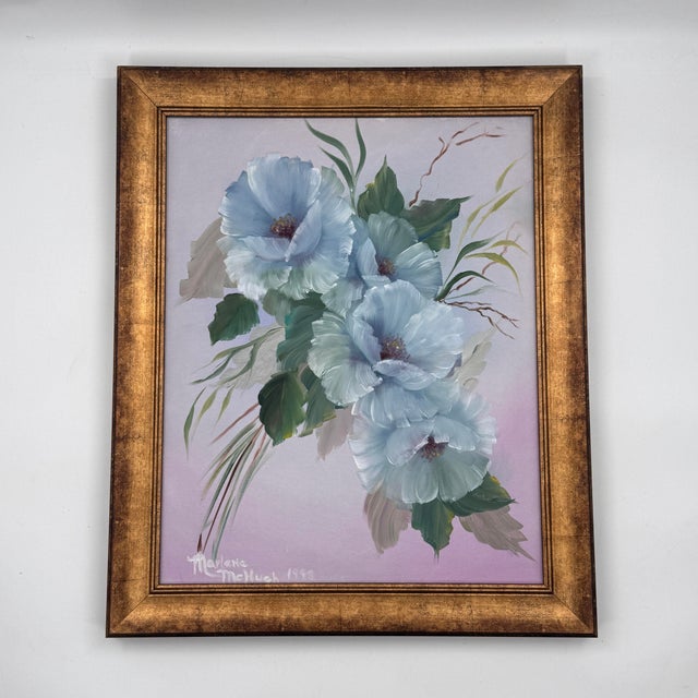 Vintage Original Blue Hibiscus Floral Painting For Sale - Image 9 of 10
