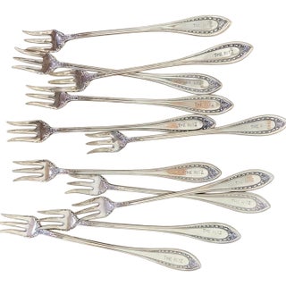"The Ritz" Antique Hotel Silver Plate Cocktail Forks or Oyster Forks - Set of 11 - Hard to Find! - Seafood Forks, Coastal Entertaining, See Pics! For Sale