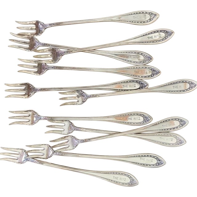 "The Ritz" Antique Hotel Silver Plate Cocktail Forks or Oyster Forks - Set of 11 - Hard to Find! - Seafood Forks, Coastal Entertaining, See Pics! For Sale