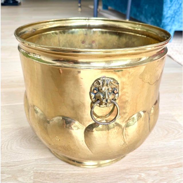 Brass Vintage English Hand-Hammered Brass Lion Head Cachepot Jardinière For Sale - Image 8 of 12