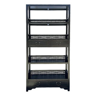 Oriental Black Fretwork Accent Bookcase Display Cabinet Etagere For Sale