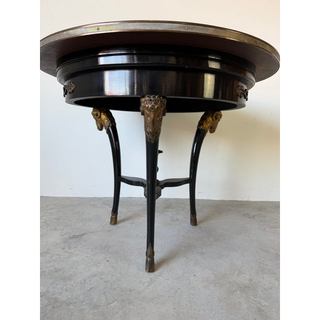 Wood Vintage Baker French Empire Regency Style Accent Table With Brass Trim & Ram Head Legs For Sale - Image 7 of 18