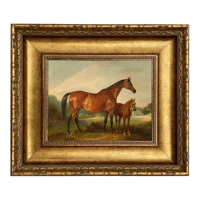 Horse and Foal 8x10" Framed Oil Painting Print on Canvas, Wide Antiqued Gold Frame For Sale
