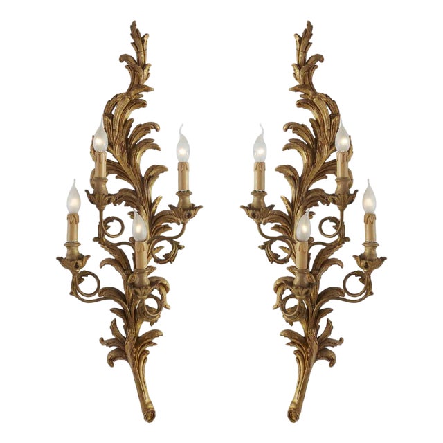 Large Louis XV Florentine Carved and Gilded Sconces, 1990s, Set of 2 For Sale
