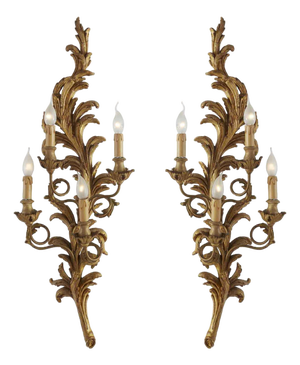 Large Louis XV Florentine Carved and Gilded Sconces, 1990s, Set of 2