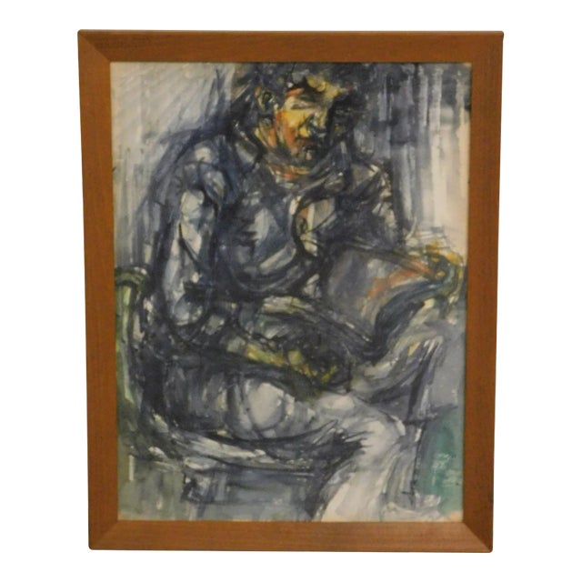 Vintage Modernist Figural Watercolor Original Painting For Sale
