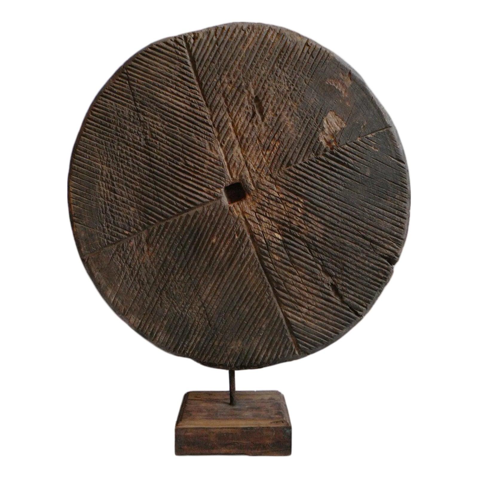 Large Vintage Rustic Indian Wood Wheel on Stand | Chairish