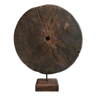 Large Vintage Rustic Indian Wood Wheel on Stand For Sale