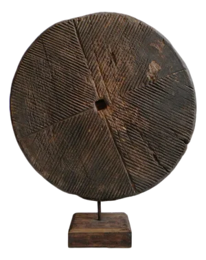 Large Vintage Rustic Indian Wood Wheel on Stand