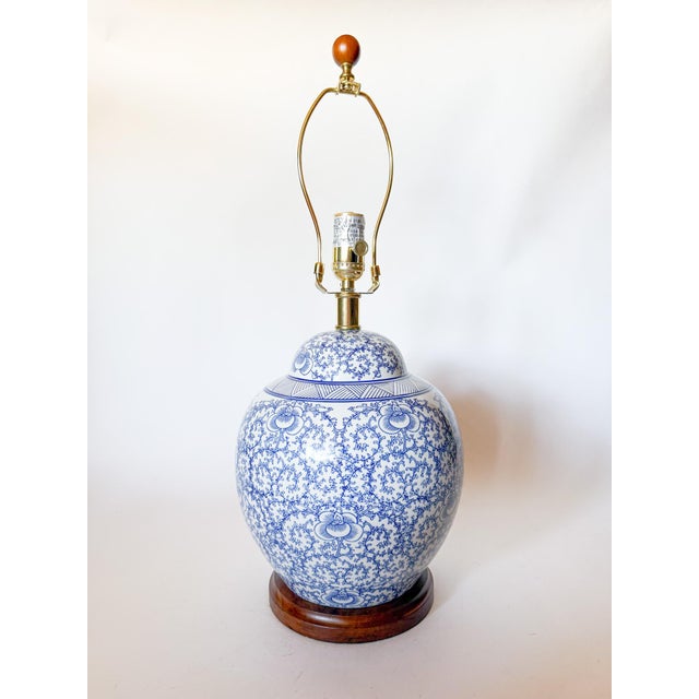 Blue Ralph Lauren Blue and White Ceramic Ginger Jar Lamp With Scrolling Vine Motif For Sale - Image 8 of 8