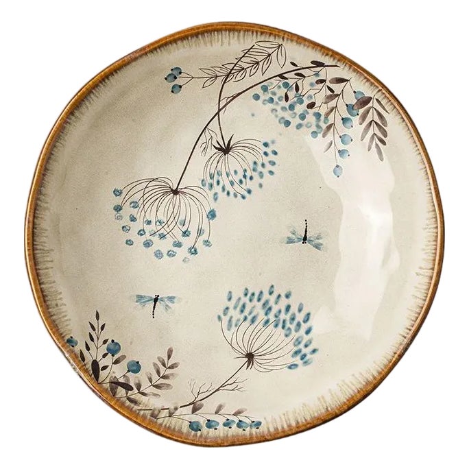 Pastoral Style Hand-Painted Plant and Dragonfly Ceramic Plate