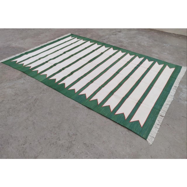 Green Handmade Green and Red Geometric Border and Cream Fringe Cotton Rug For Sale - Image 8 of 11