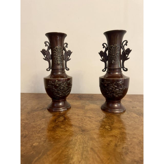 1900 - 1909 Antique Japanese Twin Handle Bronze Vases, 1900, Set of 2 For Sale - Image 5 of 7