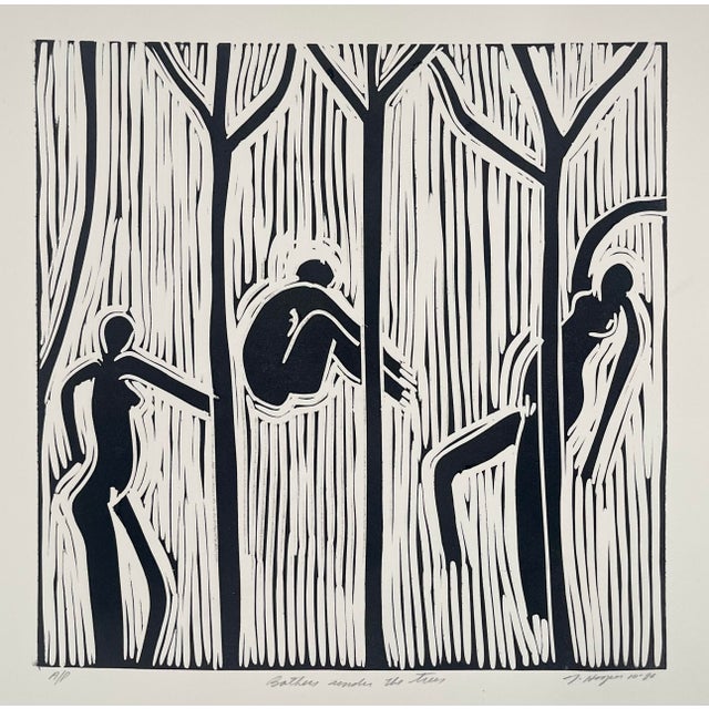 Original black & white stone lithograph by Jack Hooper, circa 1986. Artist proof titled “Bathers Under the Trees”. Artist...