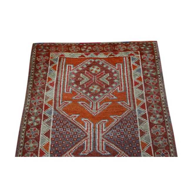 1960s Red & Orange Geometric Design Handwoven Wool Vintage Turkish Oushak Runner 2'11" X 12'7" For Sale - Image 4 of 6