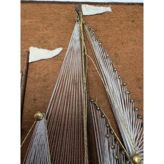 Mid-Century Modern Vintage Mid Century String Art Sailboats | 1960s Nautical Wall Art | MCM Modern Boat Decor | Felt & Wood For Sale - Image 3 of 7