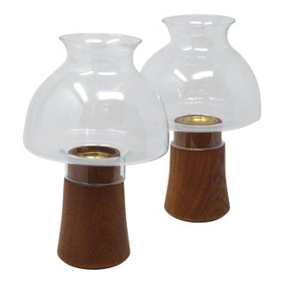 Dansk Jens Quistgaard Teakwood Brass Glass Hurricane Candleholders a-Pair For Sale