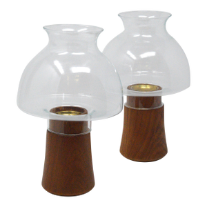 Dansk Jens Quistgaard Teakwood Brass Glass Hurricane Candleholders a-Pair