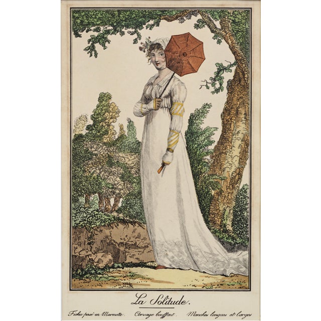 A stylish pair of antique, fashion lithographs, circa late 19th century, depicting elegant youths in Directoire-era...