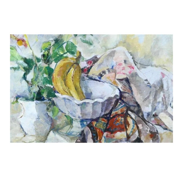 William Meyerowitz (1887 - 1981) Oil painting on canvas Depicting a still life scene with fruit bowl, bananas, flowers and...