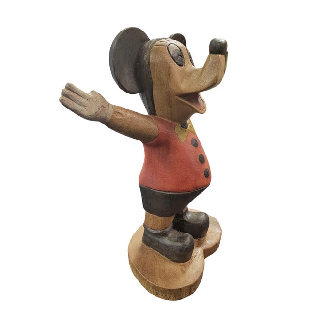 Red Hand-Carved Folk Art Mickey Mouse Wood Sculpture Figurine 12" For Sale - Image 8 of 13