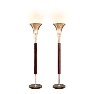 Pair of “Torchierre” Floor Lamps in Rosewood, Crystal & Metal, Unknown, 1950s For Sale