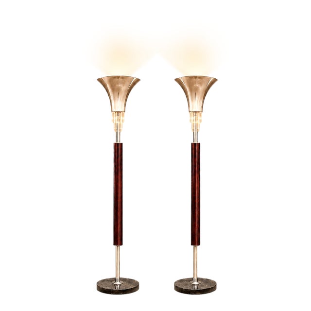 Pair of “Torchierre” Floor Lamps in Rosewood, Crystal & Metal, Unknown, 1950s For Sale