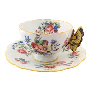 Rare Vintage Aynsley Teacup and Saucer With Yellow Butterfly Handle For Sale