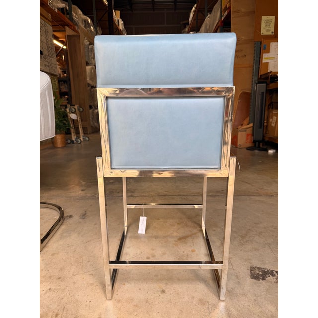 Palecek Palecek Blue Leather Counter Stool With Stainless Steel Legs For Sale - Image 4 of 8