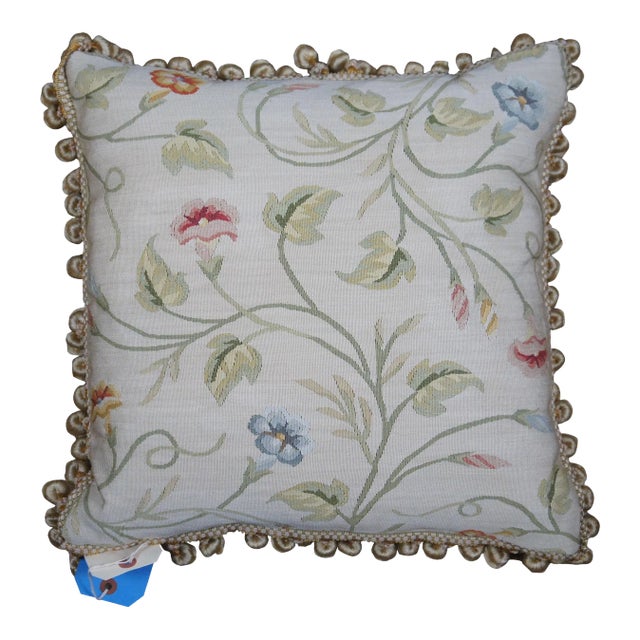 Mid 20th Century Silk Down Filled Morning Glory Floral Embroidered Tassel Lumbar Throw Pillow For Sale