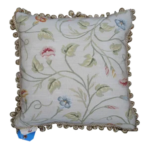 Mid 20th Century Silk Down Filled Morning Glory Floral Embroidered Tassel Lumbar Throw Pillow