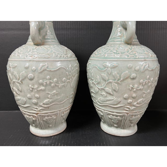 Pair of Chinese Art Celadon Porcelain Vase Raised Floral Design For Sale - Image 4 of 10