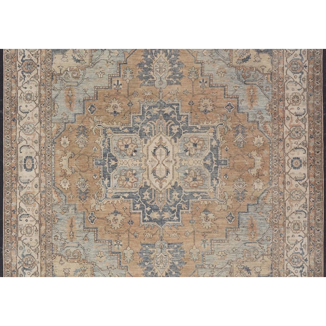 Camel Large Serapi Design Rug With Camel Field and Blue Medallion Pattern 12'3"x14'7" For Sale - Image 8 of 17