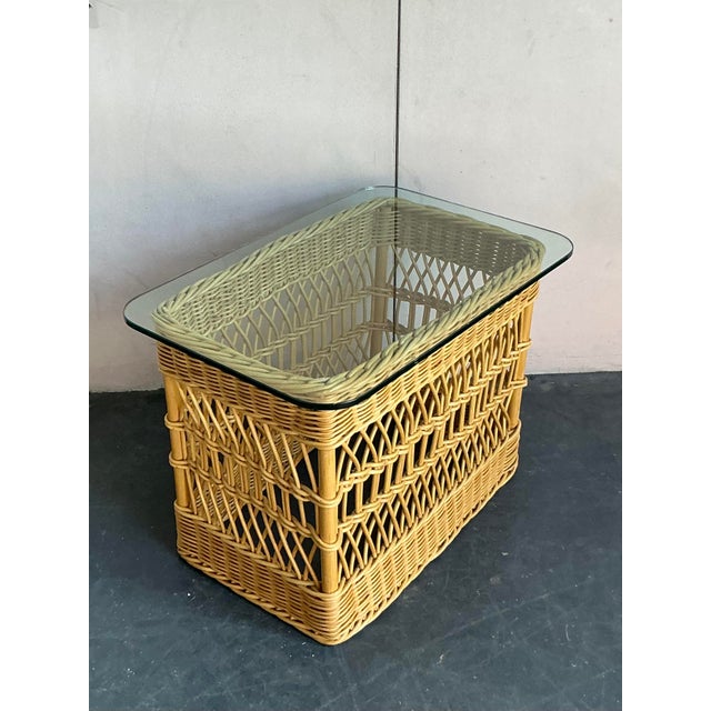 Vintage Boho Trellis Rattan Side Table For Sale - Image 4 of 11