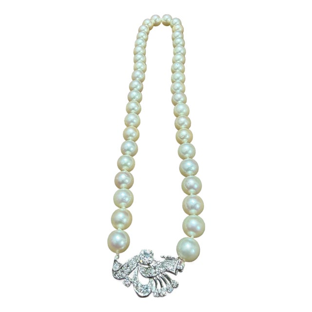 8mm Akoya Japanese Pearl Single Strand Choker Necklace, 18k White Gold & Diamond For Sale