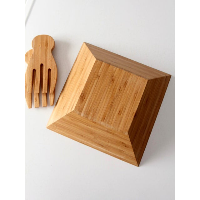 Vintage Bamboo Salad Serving Bowl With Hand Shaped Serving Utensils For Sale - Image 16 of 18
