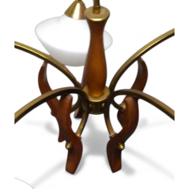 Mid-Century Modern 1940s Mid-Century Modern Chandelier With Teak, Brass, and Opaline Glass. For Sale - Image 3 of 7