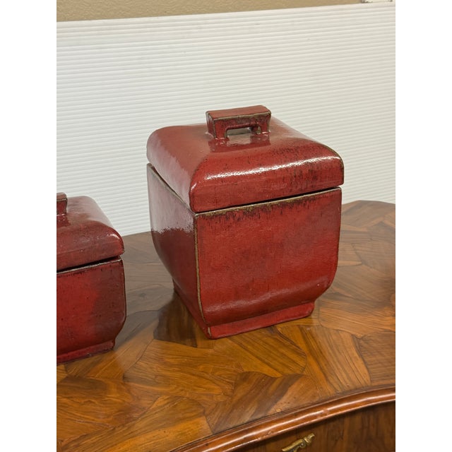 Red Glazed Ceramic Lidded Canisters, Set of Two For Sale - Image 8 of 12