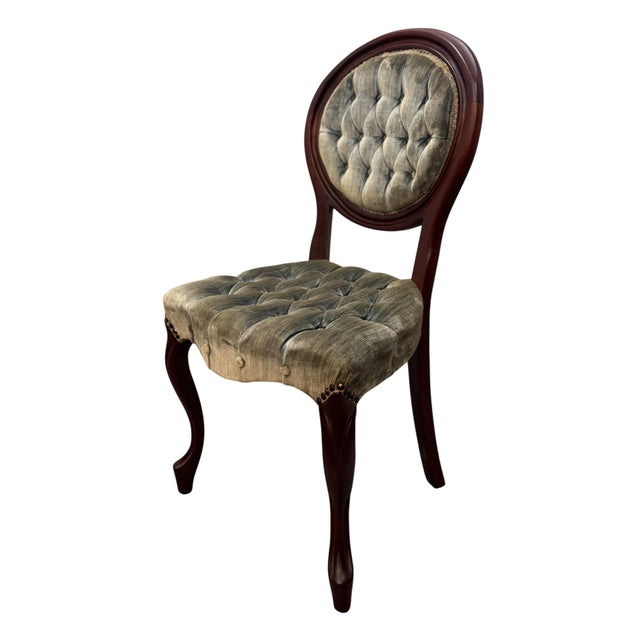 Vintage Victorian Style Mahogany Frame Velvet Tufted Accent Chairs - Pair For Sale - Image 10 of 11