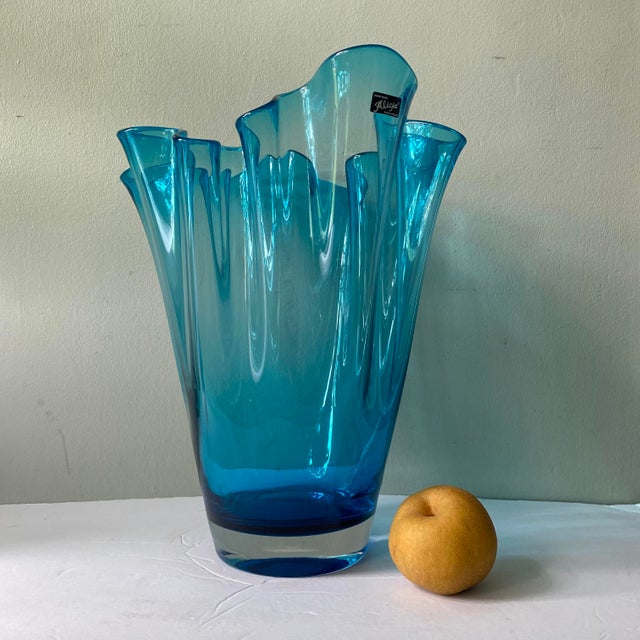 Large Vintage Alicja Blue Art Glass Handkerchief Vase, Made in Poland