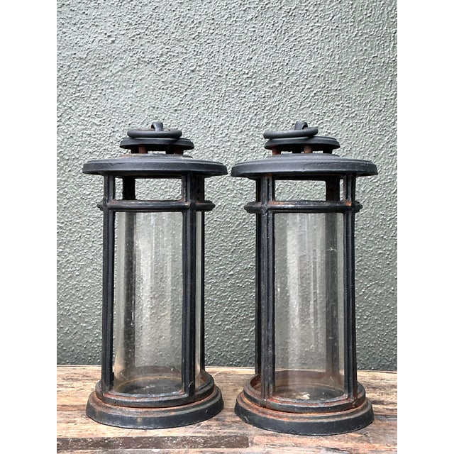 Mid 20th Century Vintage Wrought Iron Lanterns - A Pair For Sale - Image 5 of 12