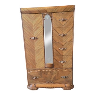 Vintage Art Deco Waterfall Satinwood & Mahogany Cedar Lined Armoire For Sale