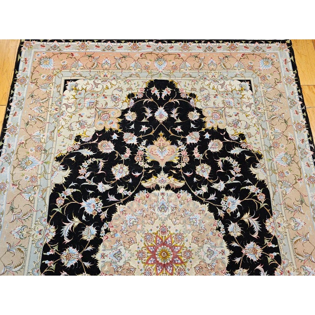 Fine Tabriz Rug, Hand-Knotted Wool & Silk, Floral Pattern, Black & Ivory, 7x10 For Sale - Image 13 of 18