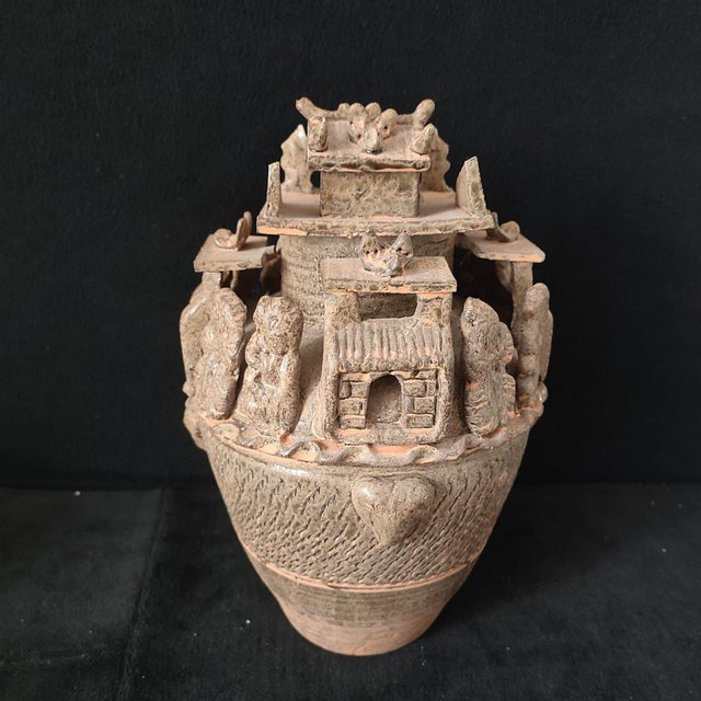 Chinese Ceramic Pot,Brown Glaze Porcelain Granary Jar Hand Carved Figures and Architecture Pattern For Sale In Seattle - Image 6 of 11
