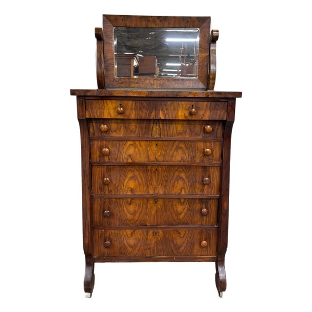 Antique American Empire Walnut Veneer Chest Bureau Dresser With Mirror For Sale
