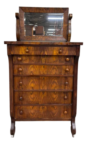 Antique American Empire Walnut Veneer Chest Bureau Dresser With Mirror
