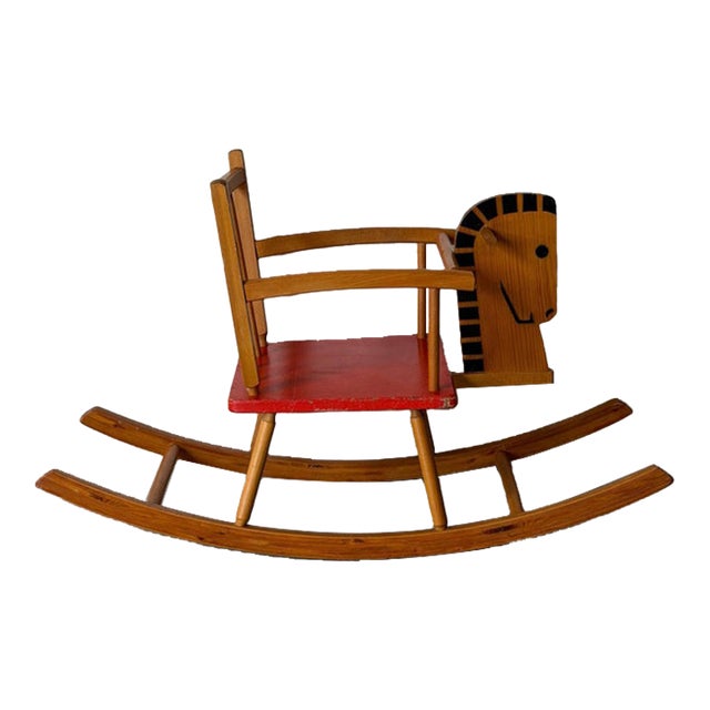 Pine Rocking Horse Toy With Red Seat Danish Mid-Century Modern 1960s For Sale
