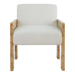 Matthew Izzo Home Astor Light Burlwood Square Arm Wood Accent Chair With White Performance Linen