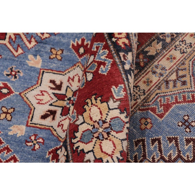 Textile Rustic Kazak Light Blue/Red Wool Rug - 8'1''x9'7'' For Sale - Image 7 of 10